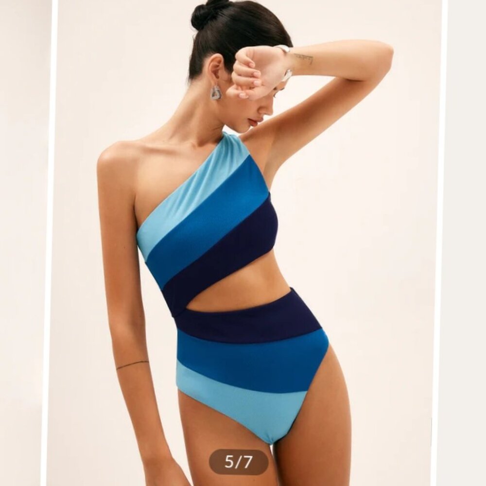 COMMENSE ASYMMETRICAL STRIPED ONE SHOULDER CUTOUT SWIMSUIT BLUE SIZE SMALL